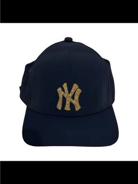NEW navy blue Nylon"NY"Rhinestone Logo ponytail/Open Back cap Red satin lining
